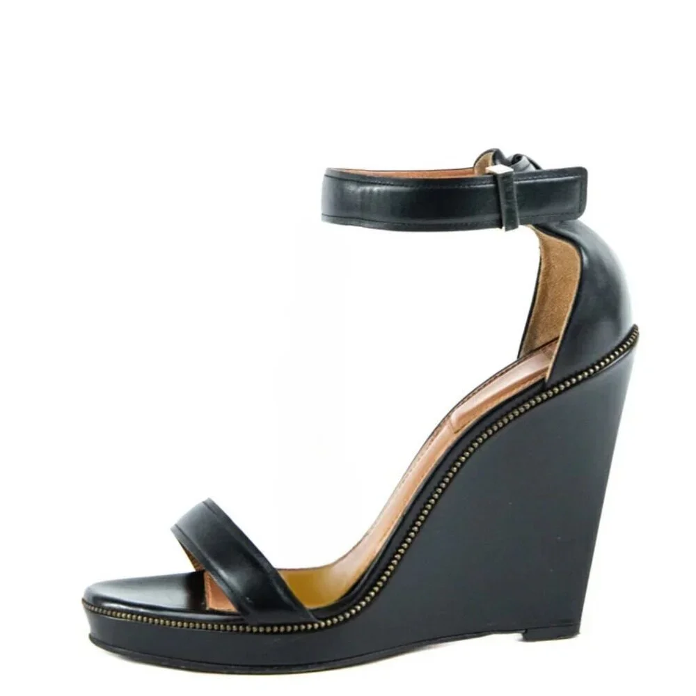 Givenchy Black Leather Ankle-Strap Wedge Sandals with Gold Stud Trim